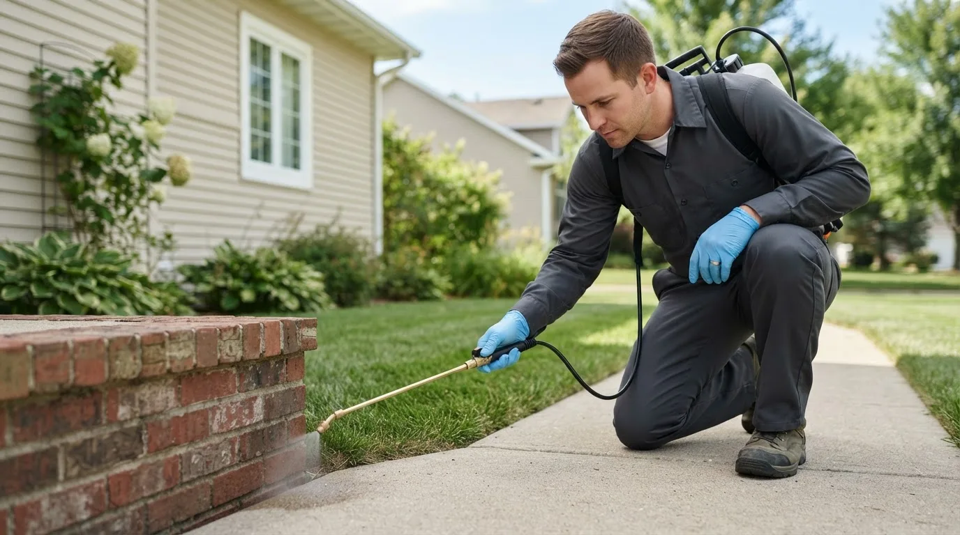 Pest control technician treating a home near Box Elder, SD